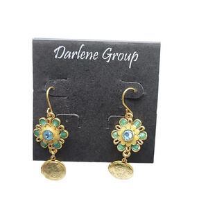 Darlene Group Blue Rhinestone Flower Ornate Locket Dangle Gold Tone Earrings